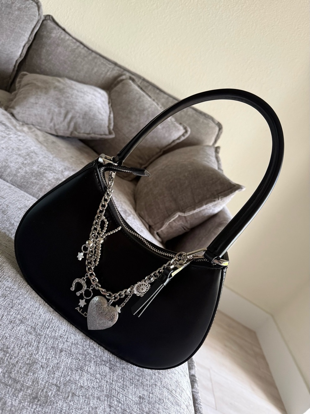 Aldo Black Shoulder Bag with Silver Charm Chain